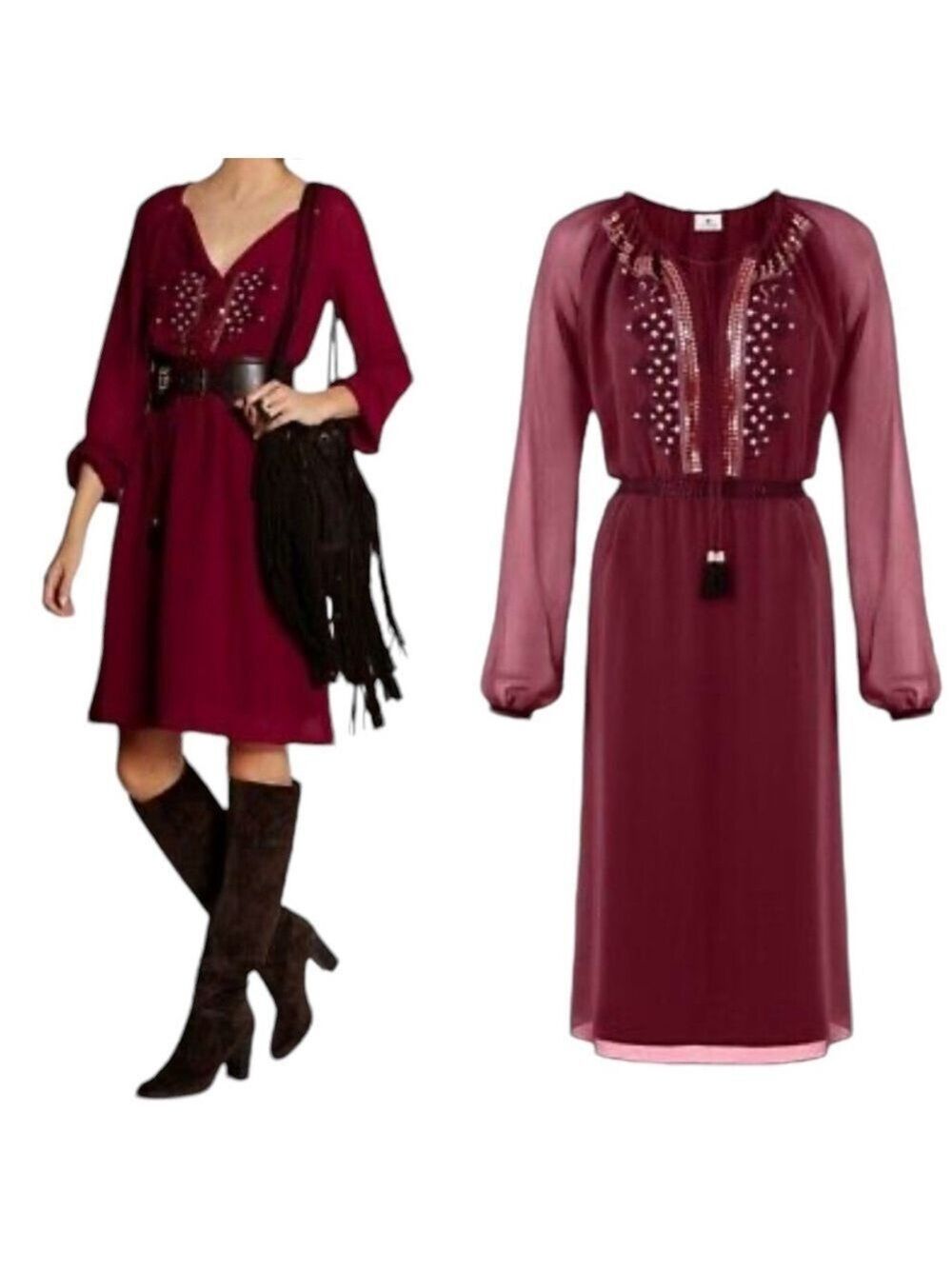 Altuzarra Georgette Sequin Tassel Dress Sz 2 Maroon Pheasant Embroidered MIDI